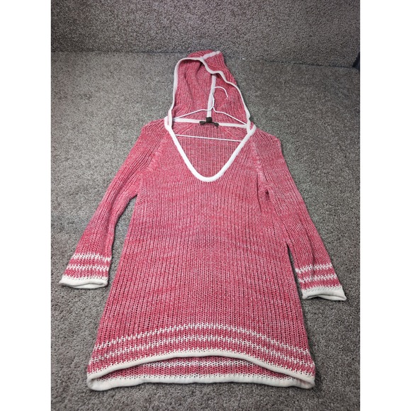 Tommy Bahama Sweaters - Tommy Bahama Womens Coral Pink White Marled Open Knit V-Neck Hoodie Sweater S/P‎
